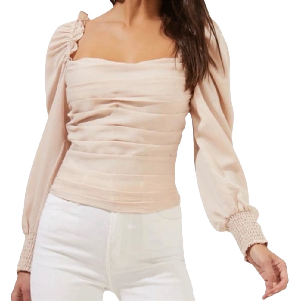 ASTR The Label Small Blush Square Neck Puff Sleeve Ruched Smocked Top NEW